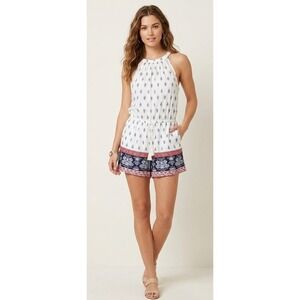 NY&C Blue Red White Paisley Boho Romper Large  Sleeveless Halter Tassel Lined